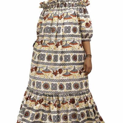 Long Women Wax Dress with Trees Patterns, elegant African wax print dress for formal and cultural events, available at BaobabMart.