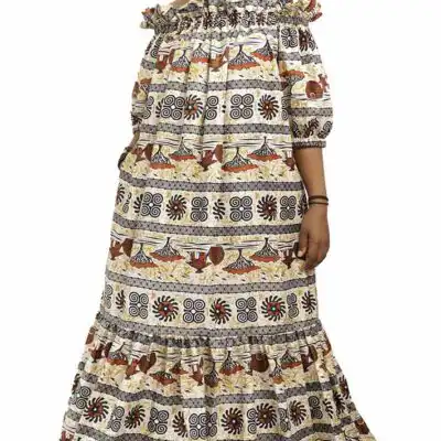 Long Women Wax Dress with Trees Patterns, elegant African wax print dress for formal and cultural events, available at BaobabMart.