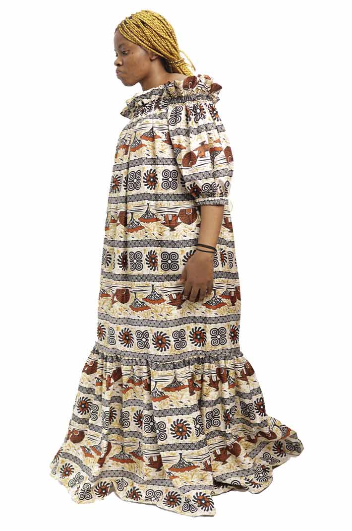 Long wax dress with trees patterns and elastic boat neckline 2 Long Women Wax Dress with Trees Patterns, elegant African wax print dress for formal and cultural events, available at BaobabMart.