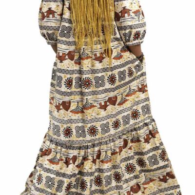 Long Women Wax Dress with Trees Patterns, elegant African wax print dress for formal and cultural events, available at BaobabMart.