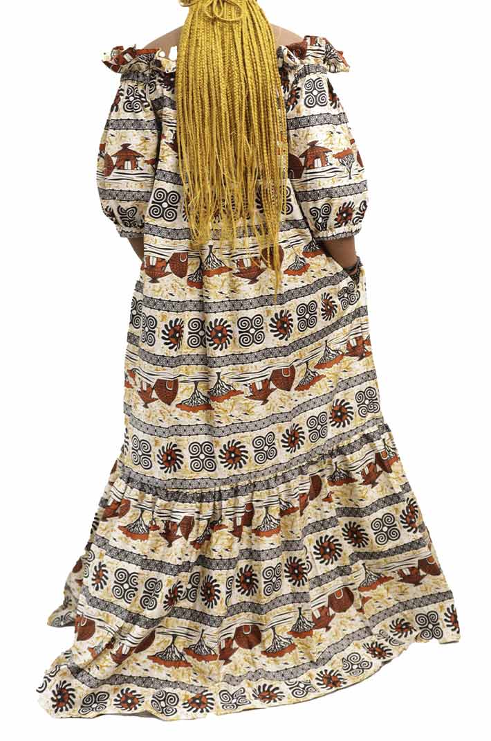 Long Women Wax Dress with Trees Patterns, elegant African wax print dress for formal and cultural events, available at BaobabMart.