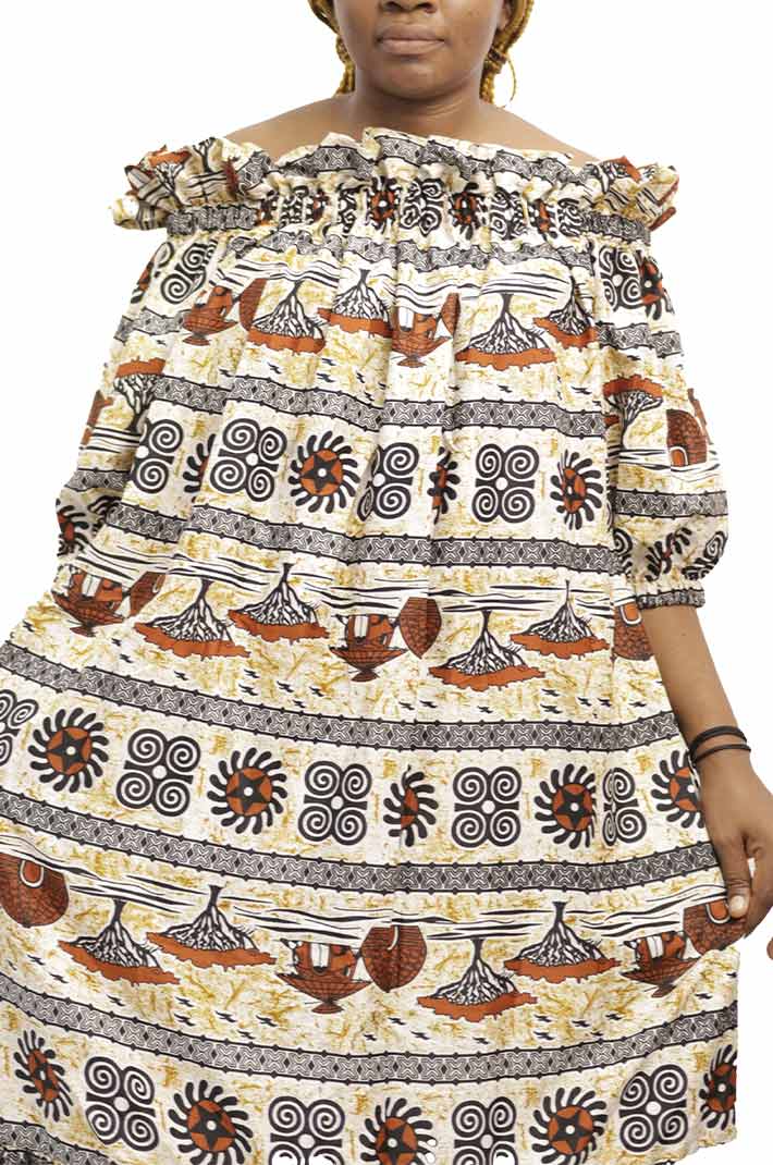 Long wax dress with trees patterns and elastic boat neckline 4 Long Women Wax Dress with Trees Patterns, elegant African wax print dress for formal and cultural events, available at BaobabMart.