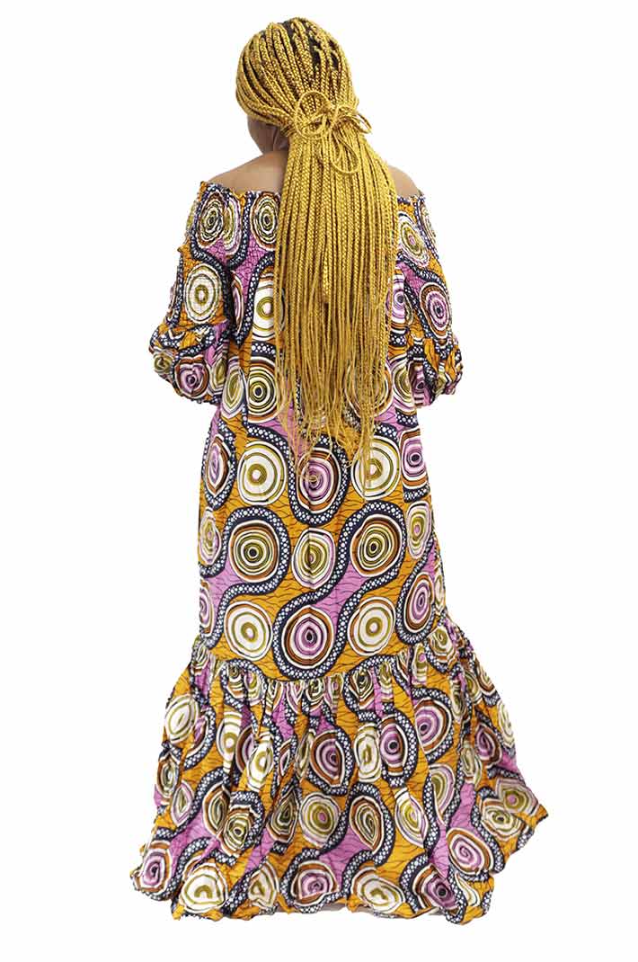 Long wax dress with trees patterns and elastic boat neckline 8 Long Women Wax Dress with Trees Patterns, elegant African wax print dress for formal and cultural events, available at BaobabMart.