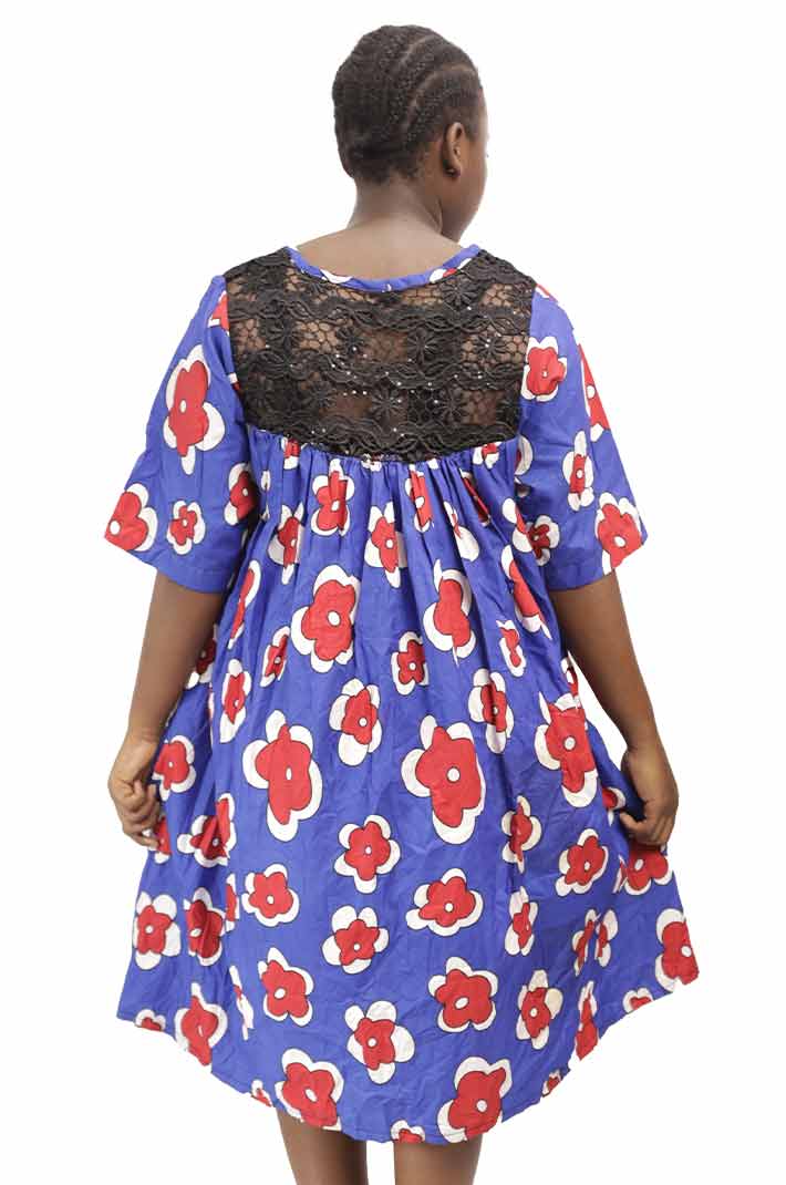 Mini blue flowerish kaba with black lace for girl child 1 Mini Blue Flourish Kaba with Black Lace for Girl Child, elegant African dress for cultural events, available at BaobabMart.
