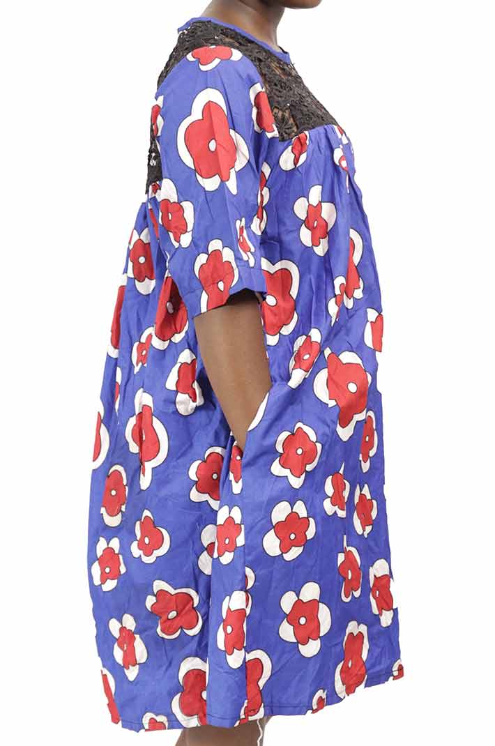 Mini blue flowerish kaba with black lace for girl child 2 Mini Blue Flourish Kaba with Black Lace for Girl Child, elegant African dress for cultural events, available at BaobabMart.