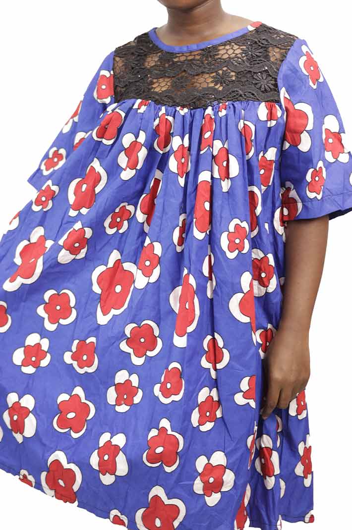 Mini blue flowerish kaba with black lace for girl child 3 Mini Blue Flourish Kaba with Black Lace for Girl Child, elegant African dress for cultural events, available at BaobabMart.