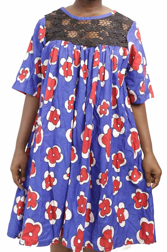 Mini blue flowerish kaba with black lace for girl child 4 Mini Blue Flourish Kaba with Black Lace for Girl Child, elegant African dress for cultural events, available at BaobabMart.