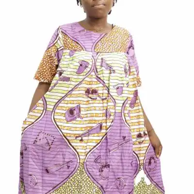 Women Mini Kaba Dress with Wax Fabric, vibrant African dress for casual and cultural events, available at BaobabMart.
