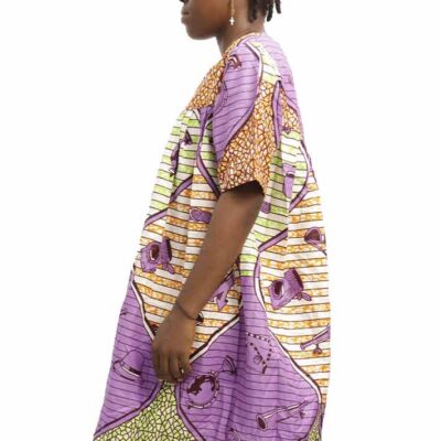 Women Mini Kaba Dress with Wax Fabric, vibrant African dress for casual and cultural events, available at BaobabMart.