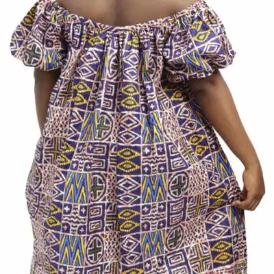 Mini Off-shoulder Style Kaba Dress with vibrant African prints, available at Baobabmart.