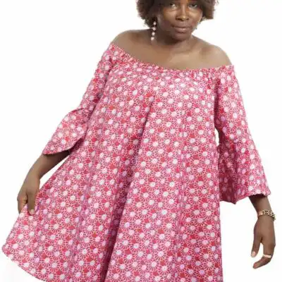 Pink Mini Kaba With Off-the-shoulder Neckline – elegant and modern African dress available at BaobabMart.