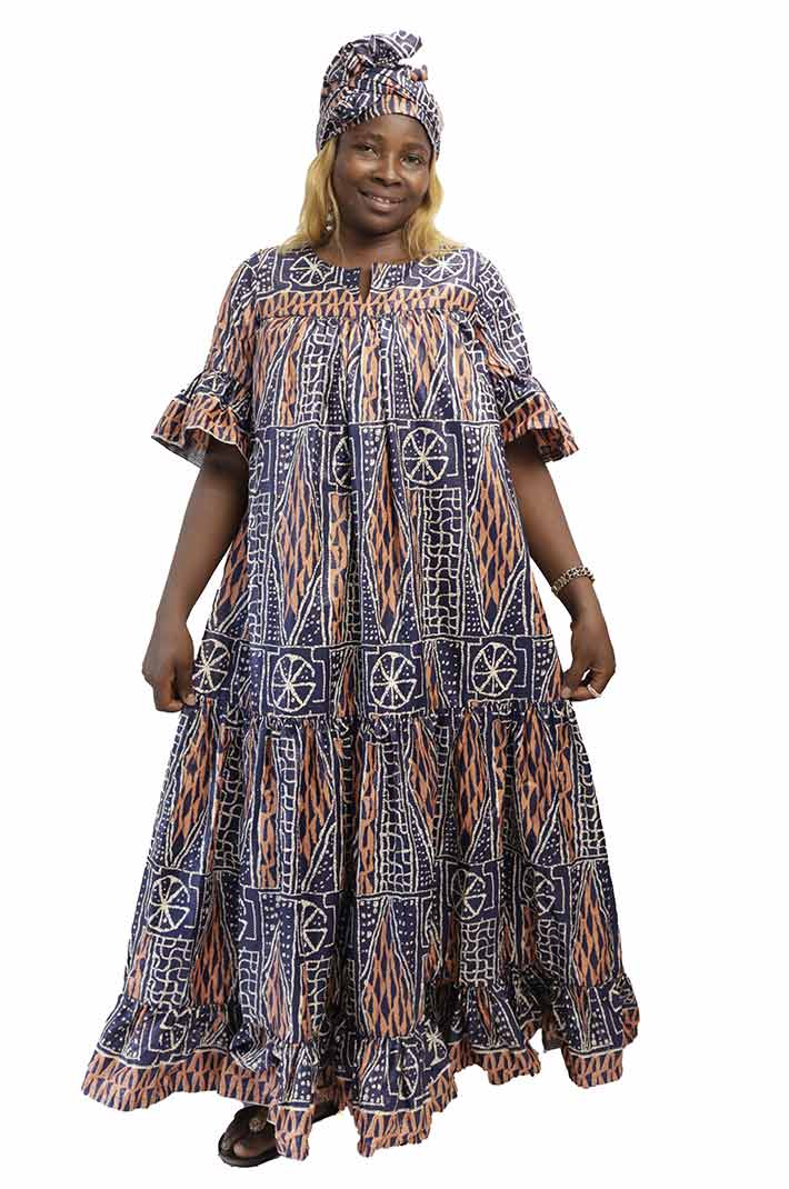 Ndop Fabric Kaba with Scalf – elegant African attire featuring authentic Ndop fabric, available at BaobabMart.