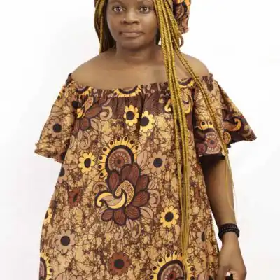 Off The Shoulder Long Kaba with Scalf – elegant African attire available at BaobabMart.