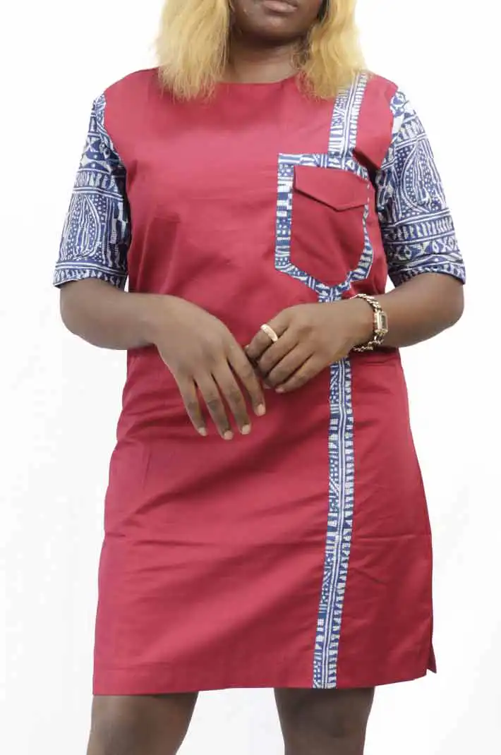 Oxblood Tunic Dress with Ndop Fabric for Women – elegant African attire available at BaobabMart.