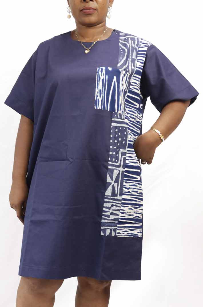 Royal-blue two-tone women dress 1 Royal-Blue Two-Tone Women Dress – elegant African attire with Ndop fabric available at BaobabMart.