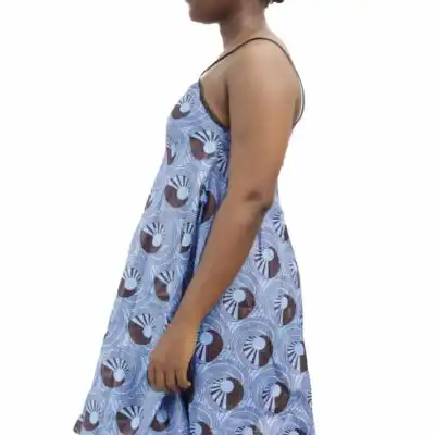 Spaghetti Stapes Women African Dress with vibrant prints, available at Baobabmart.