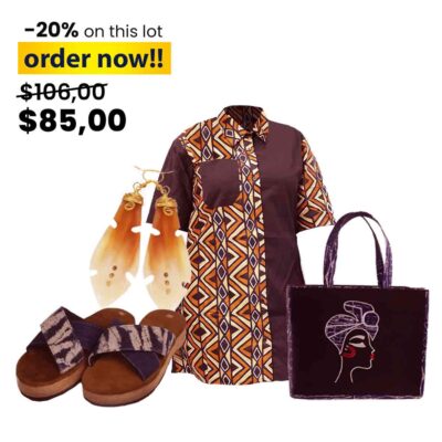 2-ton Ankara Dress + Tote Bag + Ndop Crossed Mule+ Ox Horn Leaf Earring