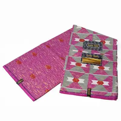 African Dark Pink Kente Gold Wax Fabric, high-quality textile with bold Kente patterns, available at Baobabmart.