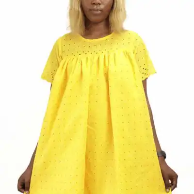 Short Dress in Yellow Lace for Sale – elegant African attire available at BaobabMart.