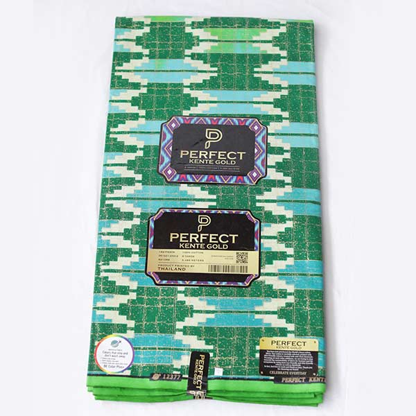 Close-up of 2-tone Green Kente Gold Wax Fabric showing Kente prints1 Close-up of 2-tone Green Kente Gold Wax Fabric showing Kente prints