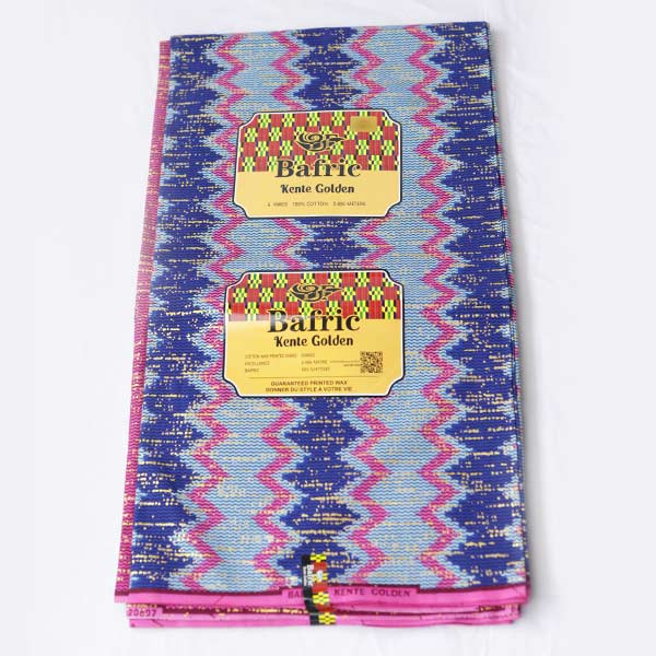 Close-up of Blue and Pink Kente Gold Wax Fabric for Sale showing Kente prints 1 Close-up of Blue and Pink Kente Gold Wax Fabric for Sale showing Kente prints