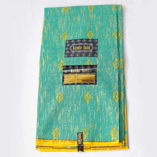 Close-up of Green Kente Gold Wax Fabric for Sale showing Kente prints 1 Close-up of Green Kente Gold Wax Fabric for Sale showing Kente prints