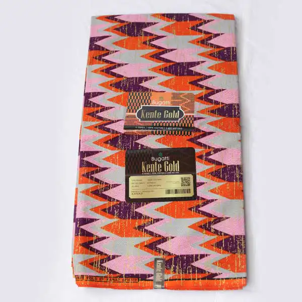 Close-up of African Orange Kente Wax Fabric for Sale showing Kente prints