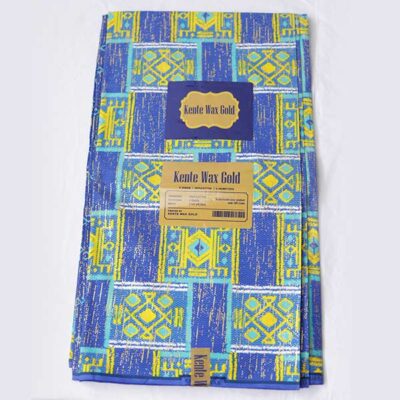Close-up of Blue and Yellow Kente Gold Wax Fabric for Sale showing Kente prints