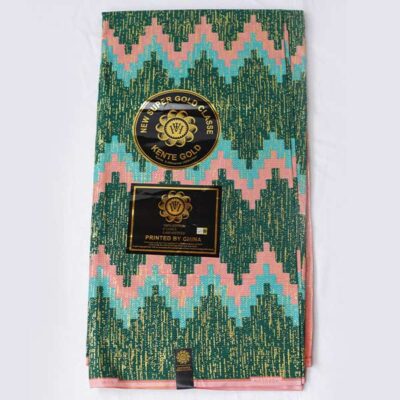 Close-up of Light Pink and Wood Green Kente Gold Wax Fabric