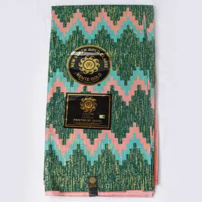Close-up of Light Pink and Wood Green Kente Gold Wax Fabric