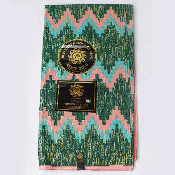 Close-up of Light Pink and Wood Green Kente Gold Wax Fabric