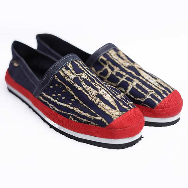 1 Unisex Afritude Espadrille Customized with Ndop Fabric and Red Straw – unique African-inspired footwear at BaobabMart.