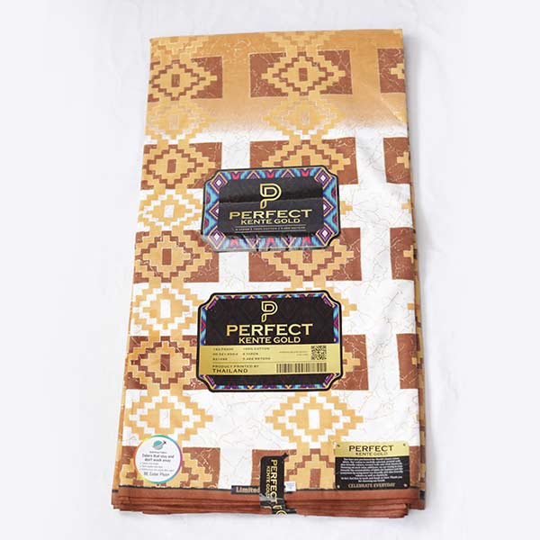 Close-up of Quality Brown Kente Gold Wax Fabric for Sale showing Kente prints 1 Close-up of Quality Brown Kente Gold Wax Fabric for Sale showing Kente prints