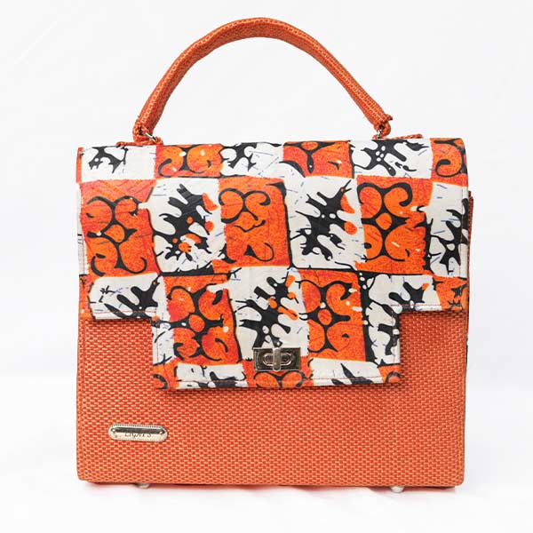 Orange Handmade MyQueen Handbag – stylish Afritude handbag with wax fabric and woven material, available at BaobabMart.