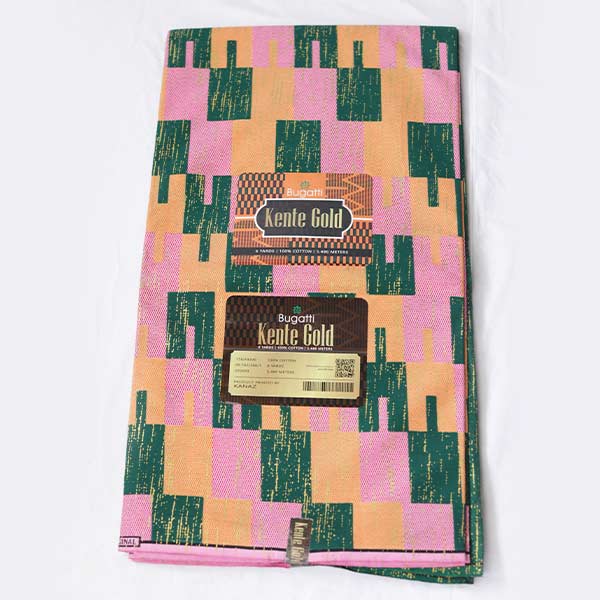 Close-up of Green and Pink Kente Gold Wax Fabric for Sale showing Kente prints 1 Close-up of Green and Pink Kente Gold Wax Fabric for Sale showing Kente prints