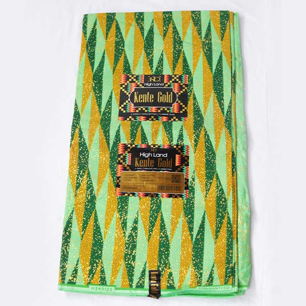 Close-up of Green and Golden Yellow Kente Wax Fabric showing Kente prints 1 Close-up of Green and Golden Yellow Kente Wax Fabric showing Kente prints
