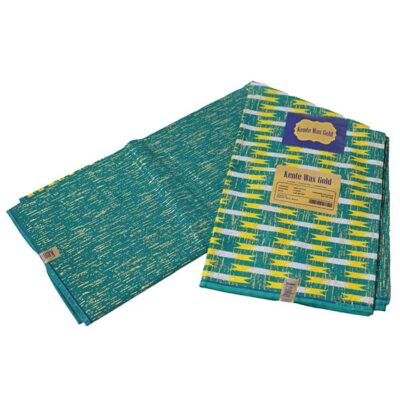 Close-up of Kente Gold Blue-Green and Yellow Wax Fabric showing Kente prints