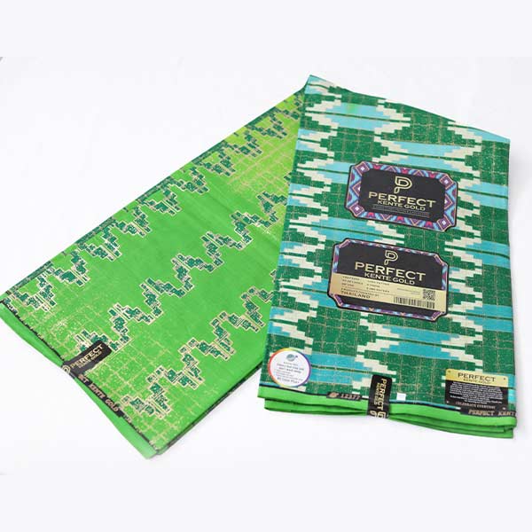 Close-up of 2-tone Green Kente Gold Wax Fabric showing Kente prints