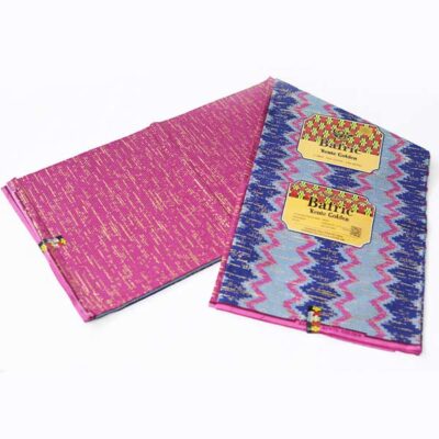 Close-up of Blue and Pink Kente Gold Wax Fabric for Sale showing Kente prints