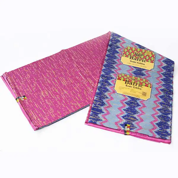 Close-up of Blue and Pink Kente Gold Wax Fabric for Sale showing Kente prints