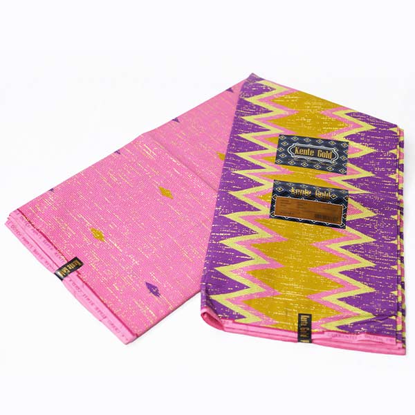Close-up of Pink and Purple Wax Kente Gold Fabric for Sale showing Kente prints 2 Close-up of Pink and Purple Wax Kente Gold Fabric for Sale showing Kente prints