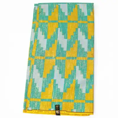 Close-up of Green Kente Gold Wax Fabric for Sale showing Kente prints
