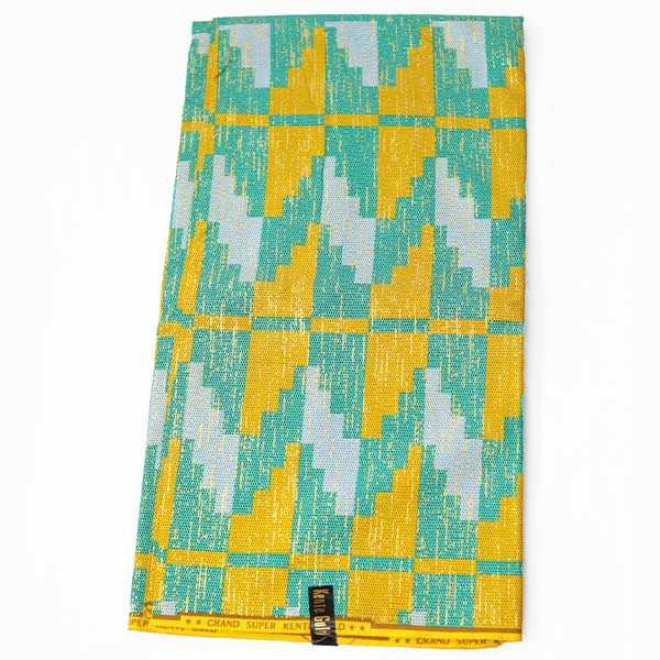 Close-up of Green Kente Gold Wax Fabric for Sale showing Kente prints 2 Close-up of Green Kente Gold Wax Fabric for Sale showing Kente prints