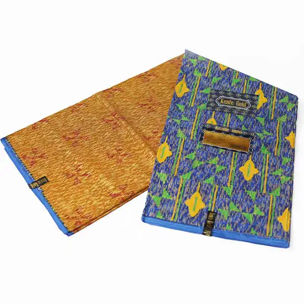 Kente Gold Brown and Blue Wax Fabric for Sale – premium African fabric for fashion and décor, available at BaobabMart.