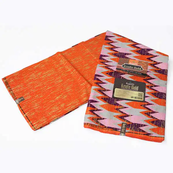 Close-up of African Orange Kente Wax Fabric for Sale showing Kente prints