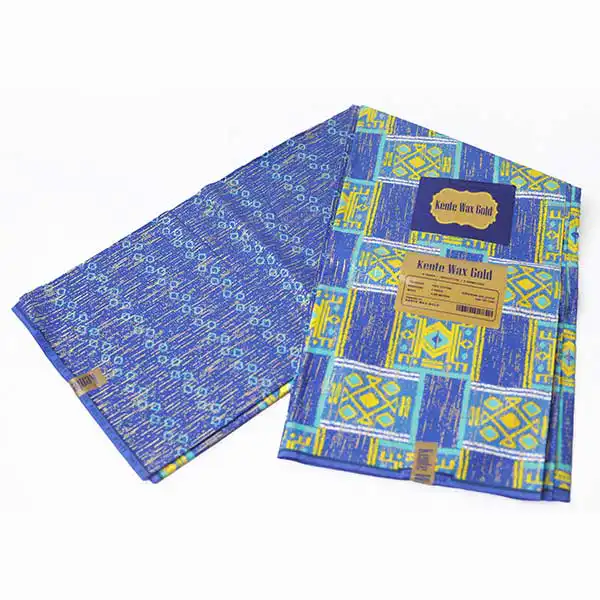 Close-up of Blue and Yellow Kente Gold Wax Fabric for Sale showing Kente prints