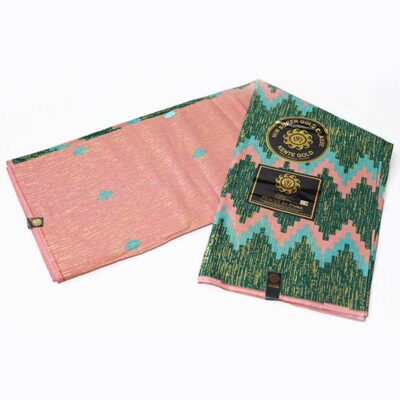 Close-up of Light Pink and Wood Green Kente Gold Wax Fabric