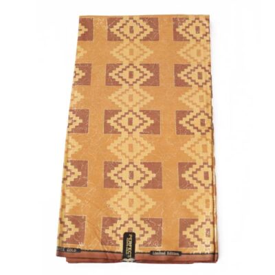 Close-up of Quality Brown Kente Gold Wax Fabric for Sale showing Kente prints