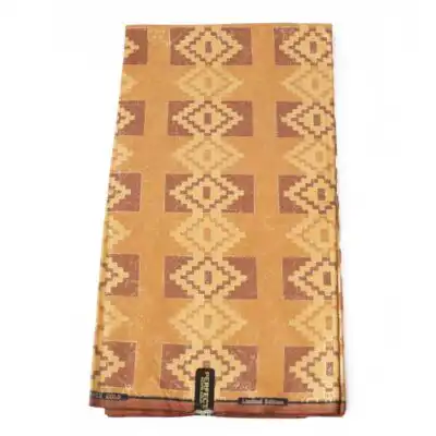 Close-up of Quality Brown Kente Gold Wax Fabric for Sale showing Kente prints
