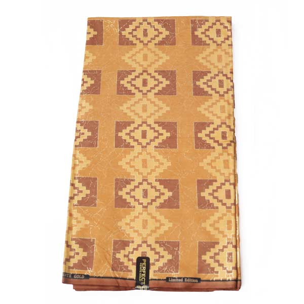 Close-up of Quality Brown Kente Gold Wax Fabric for Sale showing Kente prints 2 Close-up of Quality Brown Kente Gold Wax Fabric for Sale showing Kente prints
